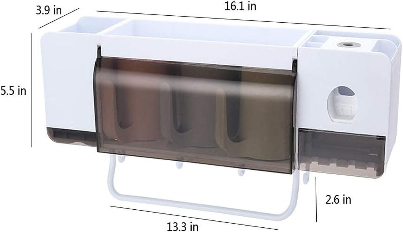 Automatic Toothpaste Dispenser Wall Mounted with Toothbrush Holder, Multi-Functional Space Saving Toothbrush Organizer with 3 Cups, No Drill Need, 4 Brush Slots and Towel Bar No Drill Need