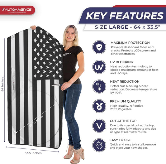 1-Piece Windshield Sun Shade B&W American Flag USA Patriotic Design - Foldable Car Fits Easily to SUV & Truck Vehicles UV Ray Blocker Keeps Your Vehicle Cool Large